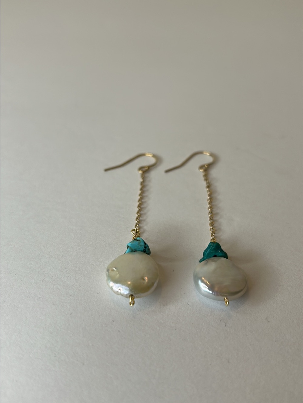 Gold Chain Pearl Drop Earrings with Turquoise Accent